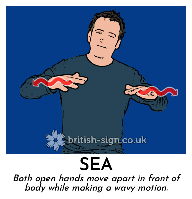 Sea: Both open hands move apart in front of body while making a wavy motion.